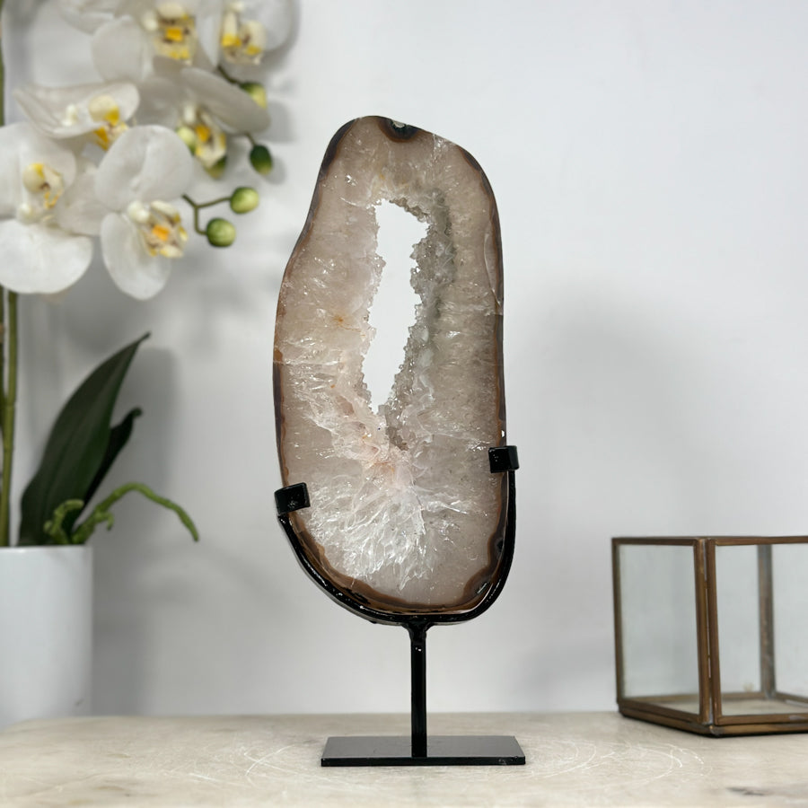 Beautiful Natural Quartz Geode Slice, Crystal Portal with Metallic Stand - MWS1953