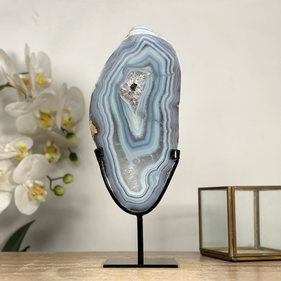 Blue Agate Polished Slice with Metal Stand – Uruguayan Gemstone for Shelf or Altar - MWS2010
