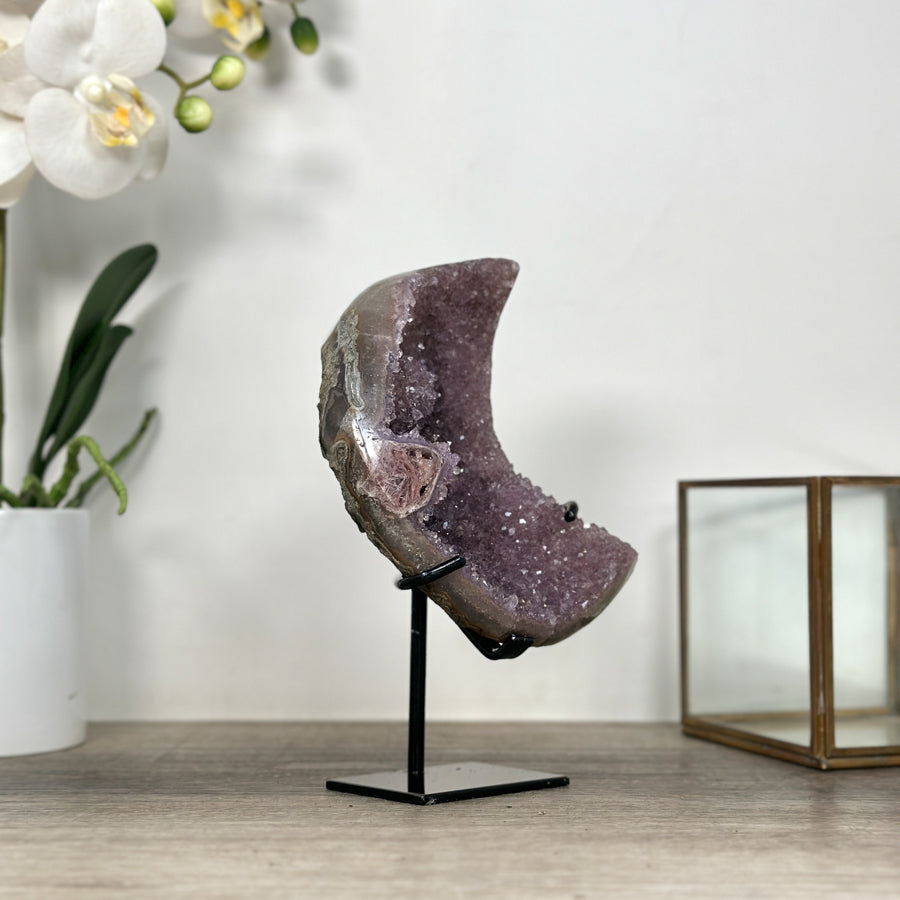 Amethyst &amp; Agate Moon Carving - Stand Icnluded - MWS2578
