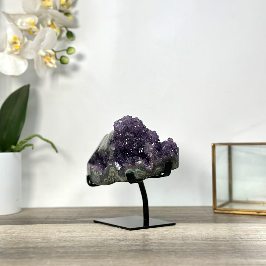 Deep Purple Amethyst Geode on Metal Stand With Green Jasper Shell - MWS2720
