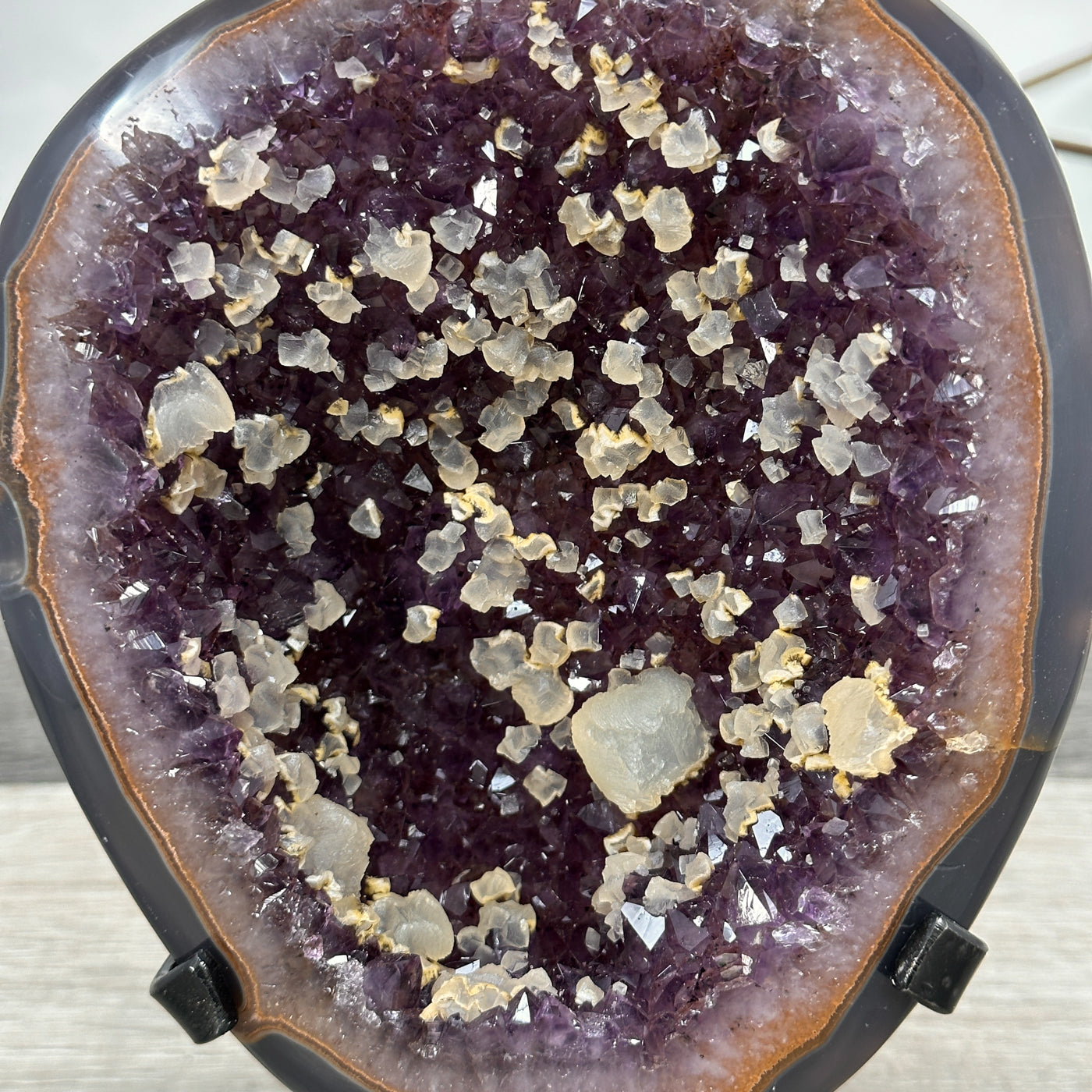 Natural Amethyst Geode with Calcite Inclusions on Stand - MWS2681