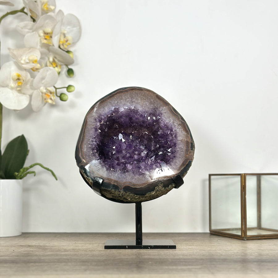 Natural Amethyst Geode with Polished Agate Shell - Stand Included - MWS3034