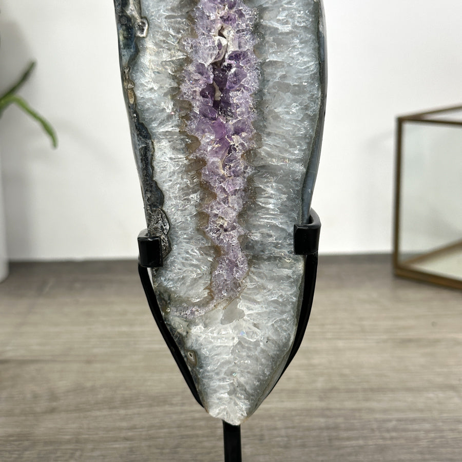 Natural Quartz &amp; Amethyst Stone Geode Slice on Stand - MWS3004