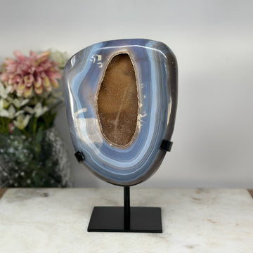 Outstanding Natural Blue Banded Agate Geode with Shiny Quartz Druzy Crystals - MWS0733