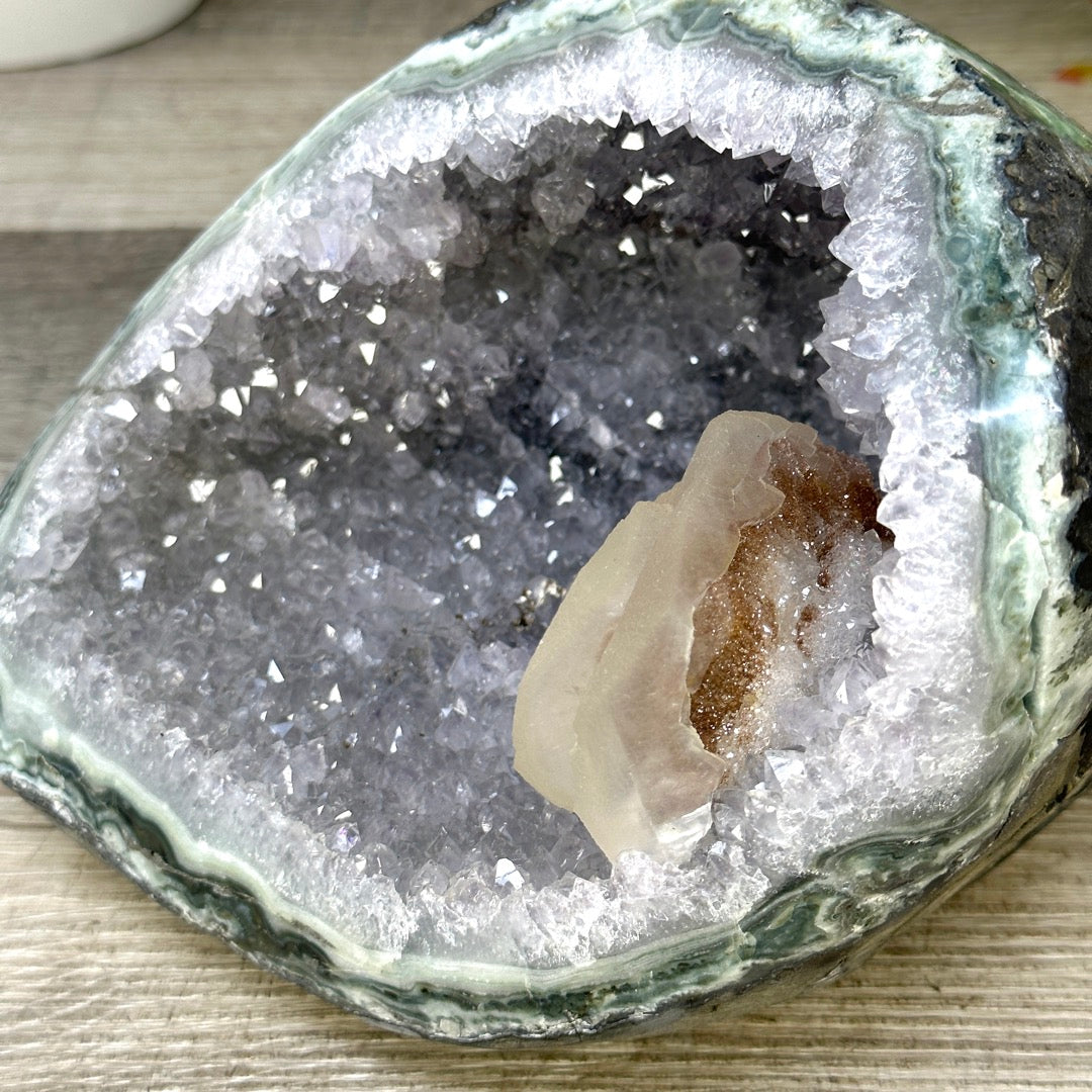 Natural Quartz &amp; Green Jasper Stone Geode with Calcite Formation - STGE0031