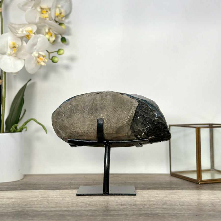 Gray Druzy Quartz Specimen on Metal Stand – Unique Crystal Display for Meditation Space Decor - MWS2712