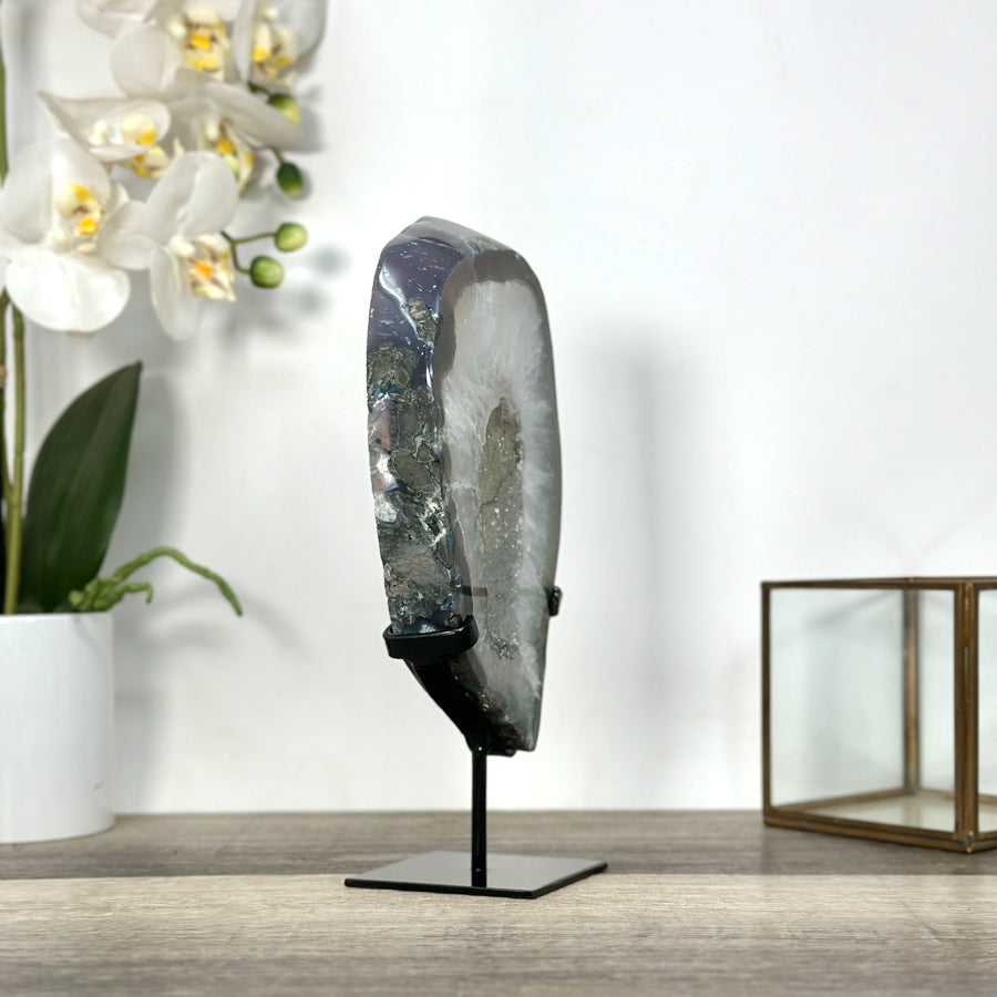 Agate Geode Slice with Sugar Quartz Druzy Crystals on Metal Stand - MWS2735