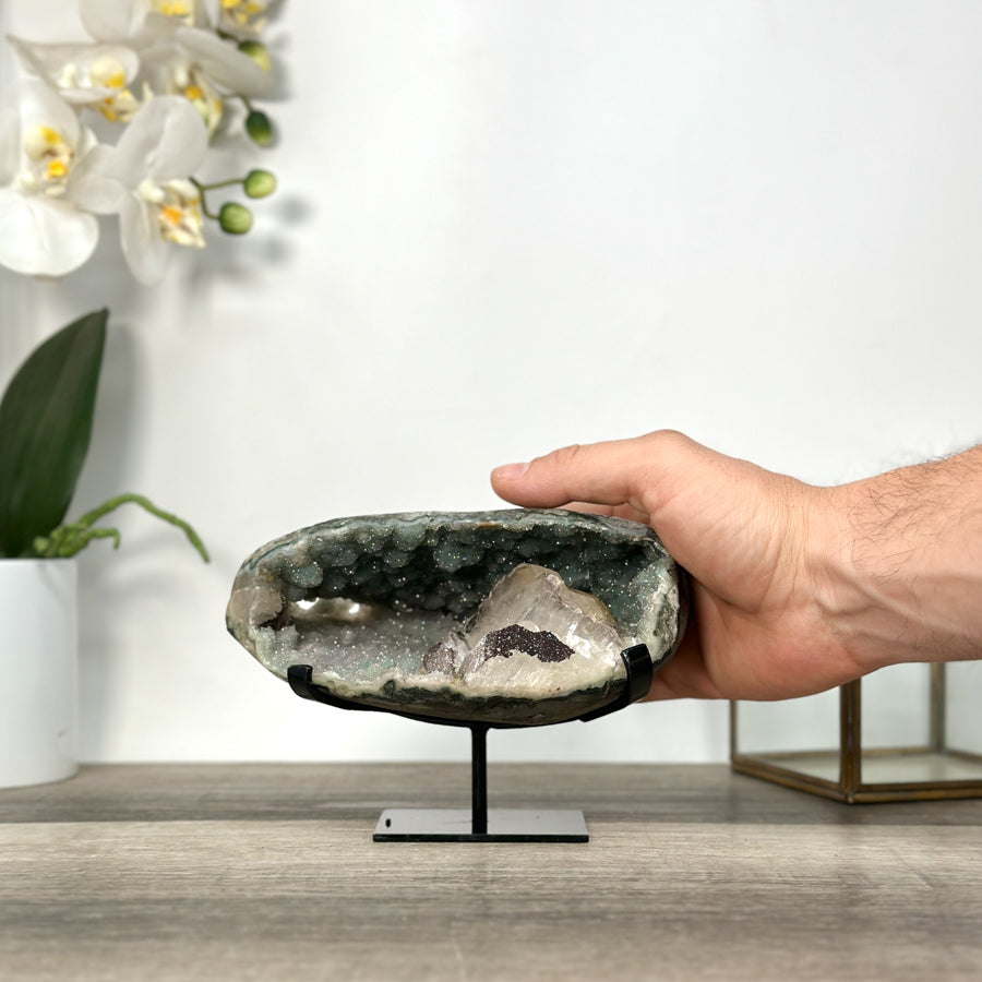 Green Quartz Geode with Calcite Crystal on Metal Stand - MWS2722