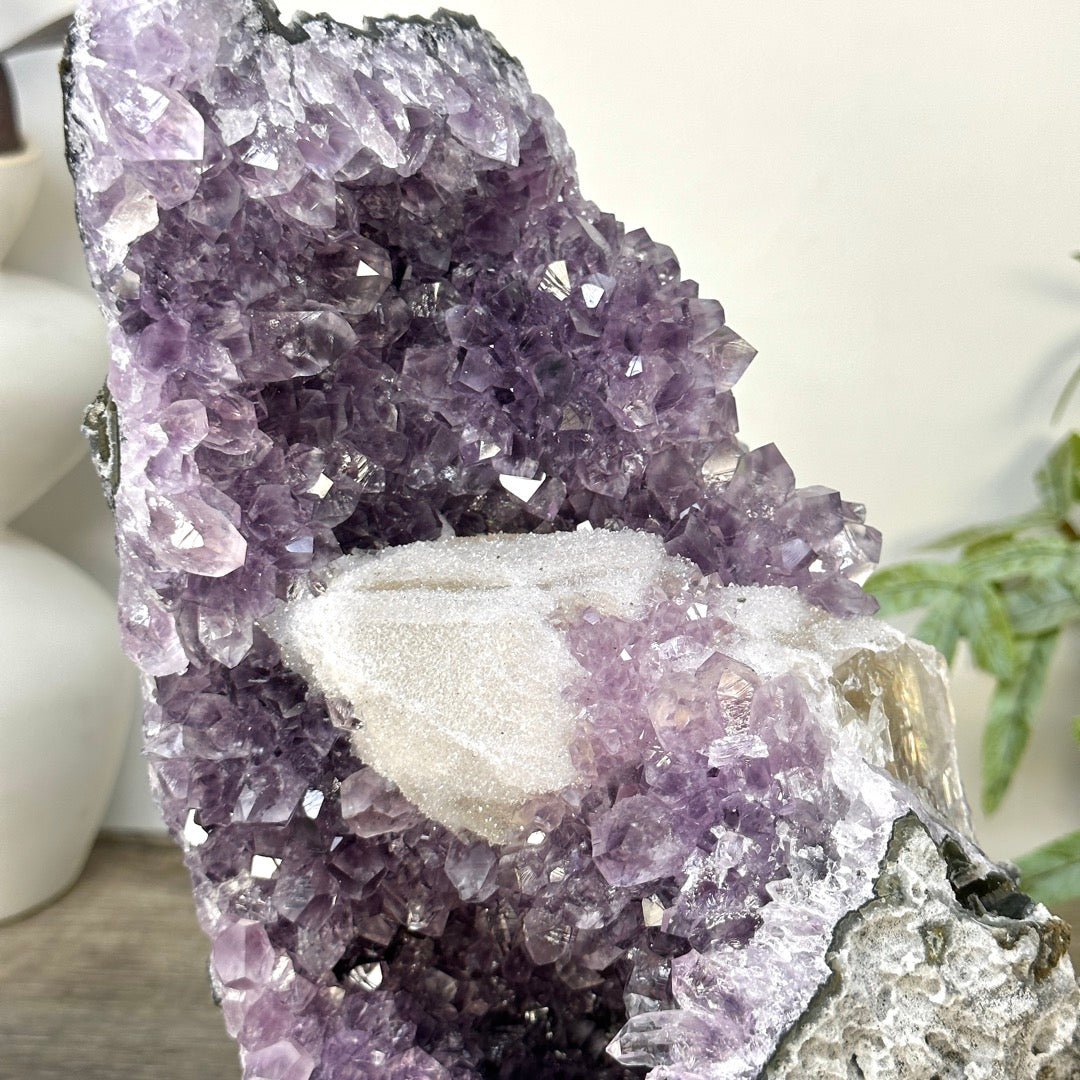 Natural Amethyst Cluster with Calcite Formation Covered with Sugar Crystals - CBP1423