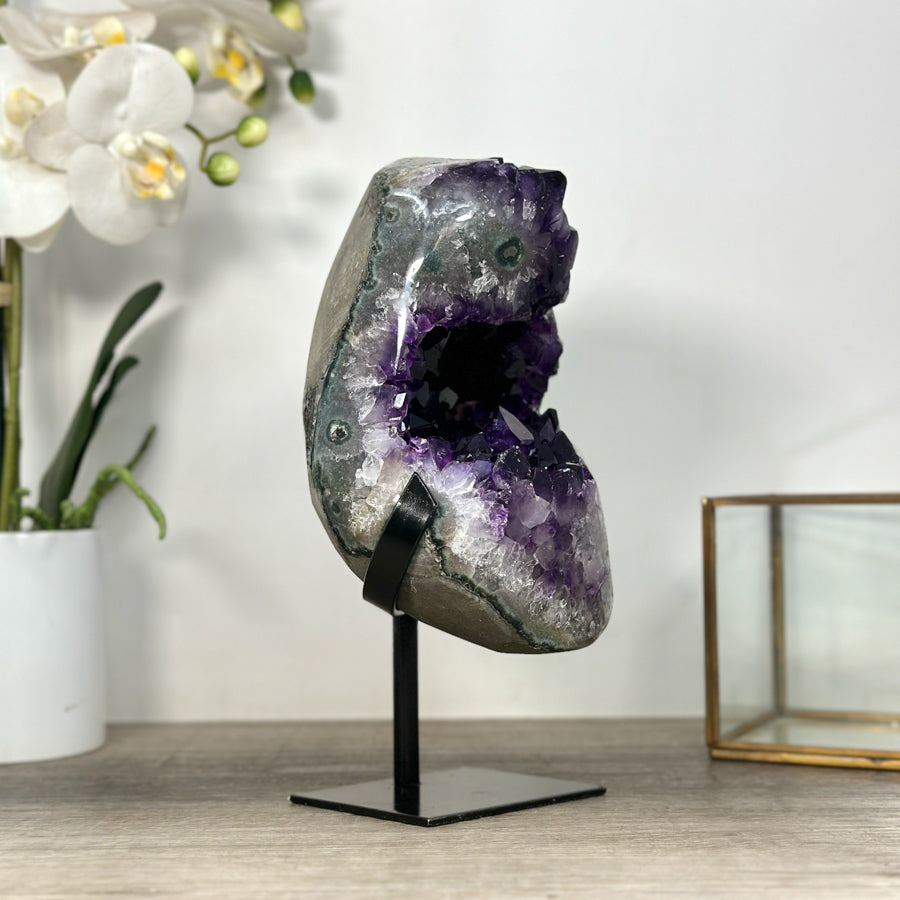 Natural Amethyst Crystal Geode on Stand with Large &amp; Deep Purple Crystals - MWS2590