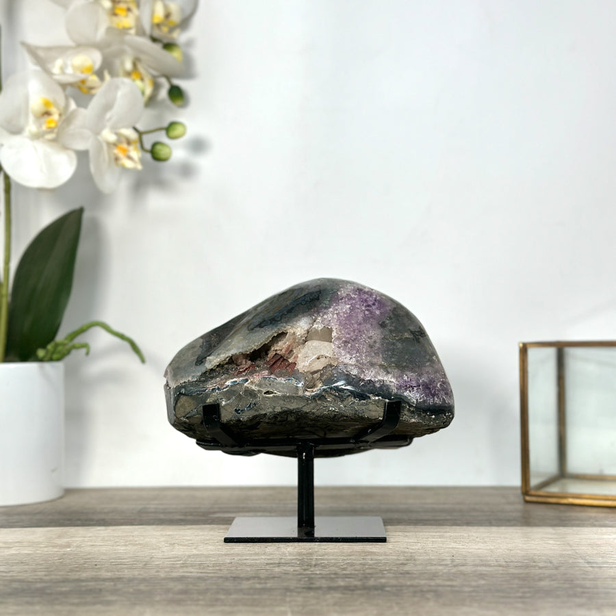 Natural Amethyst Geode With Calcite on Metal Stand - MWS2721