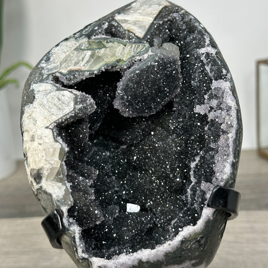 Black Quartz Druzy Geode on Metal Stand - MWS2725