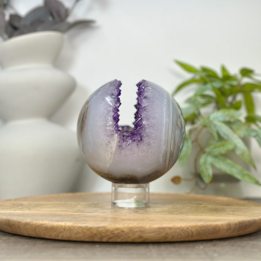 Amethyst &amp; Banded Agate Sphere Geode with Crystal Formation - SPH0184