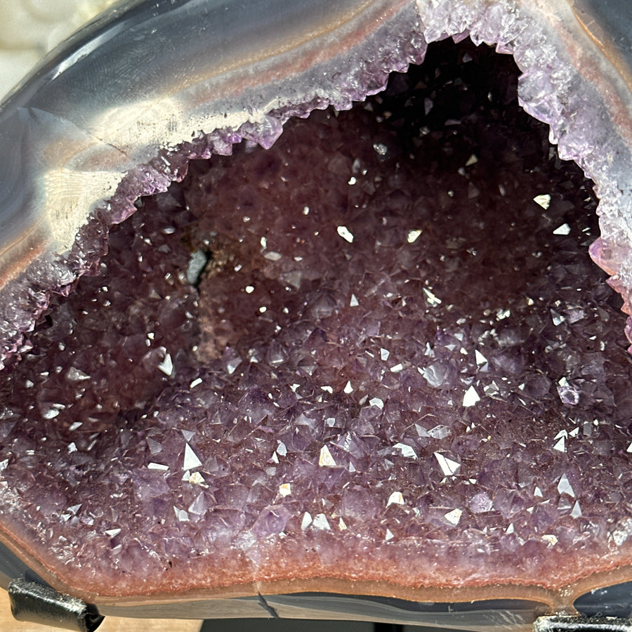 Stunning Amethyst Geode with Blue Banded Agate Shell, Metallic Stand - Perfect Meditation Spaces - MWS1634