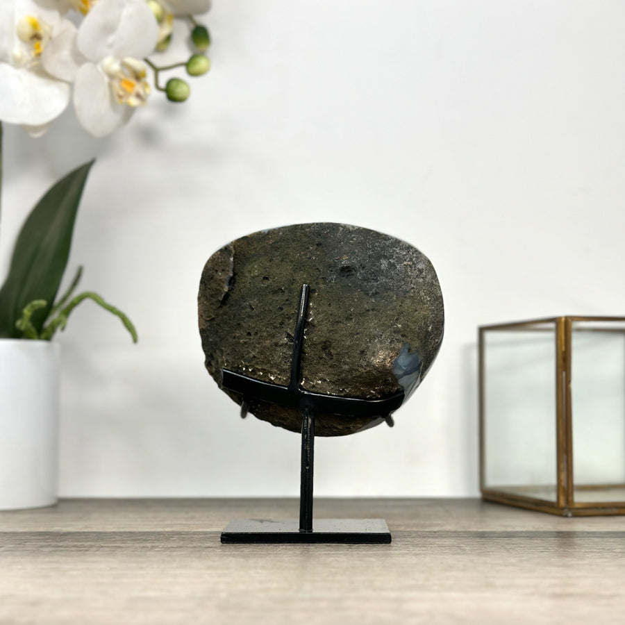 Agate Geode with Druzy Crystals on Metal Stand – Unique Natural Display Piece - MWS2863