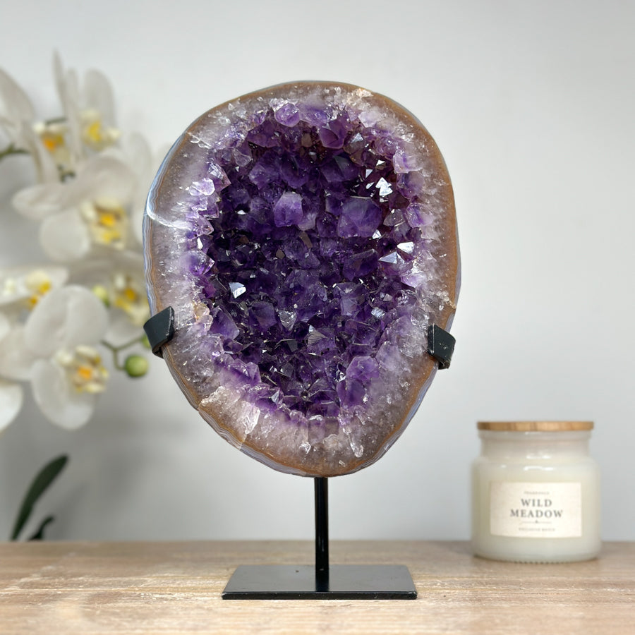 Stunning Natural Amethyst Geode with Deep Purple Crystals, Metallic Stand - Perfect for Meditation or Elegant Home Display - MWS1632