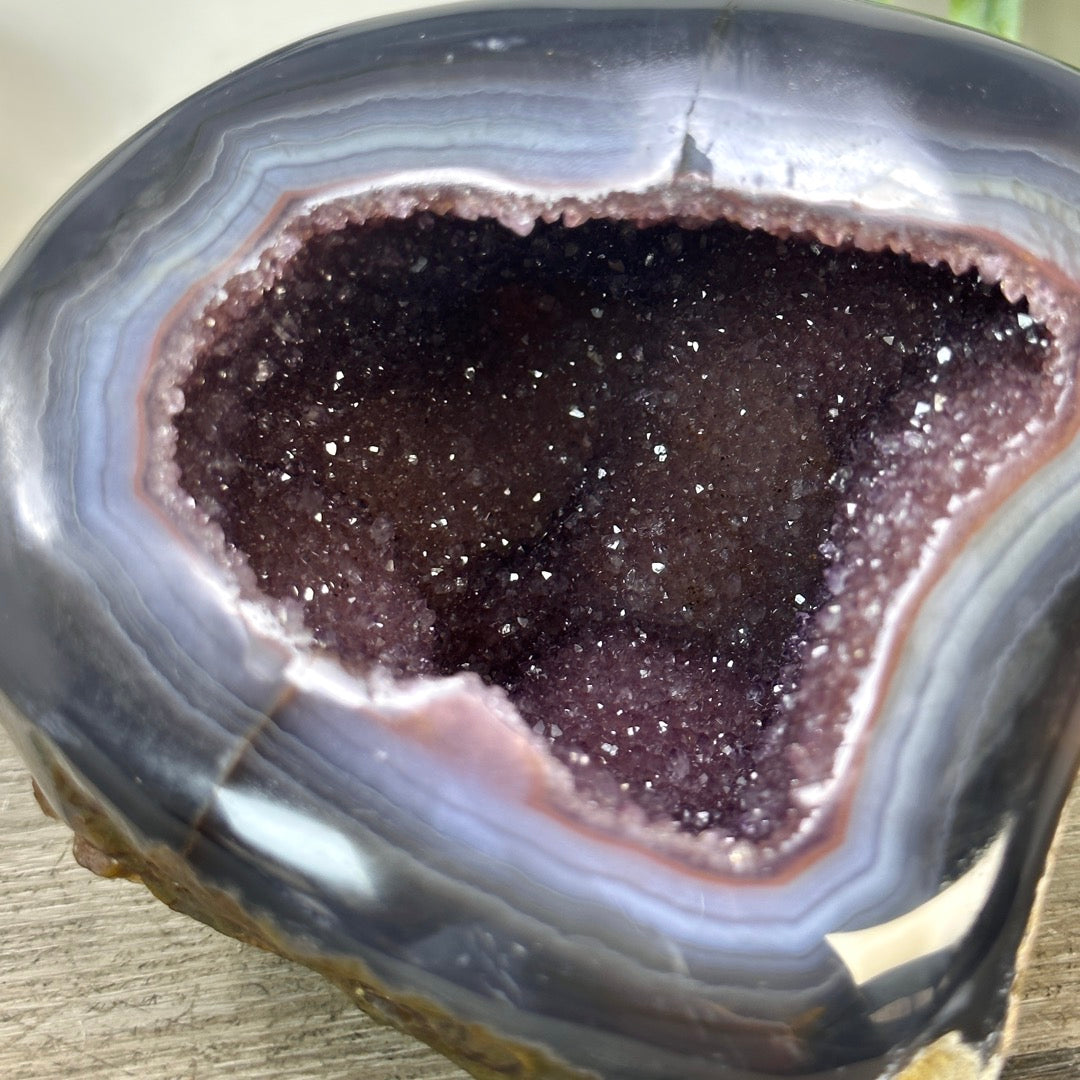 Natural Pink Amethyst Geode with Blue Banded Agate Shell - STGE0040