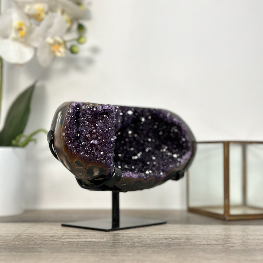 Deep Purple Amethyst Crystal Geode on Stand – Home or Office Decor Display - MWS2628