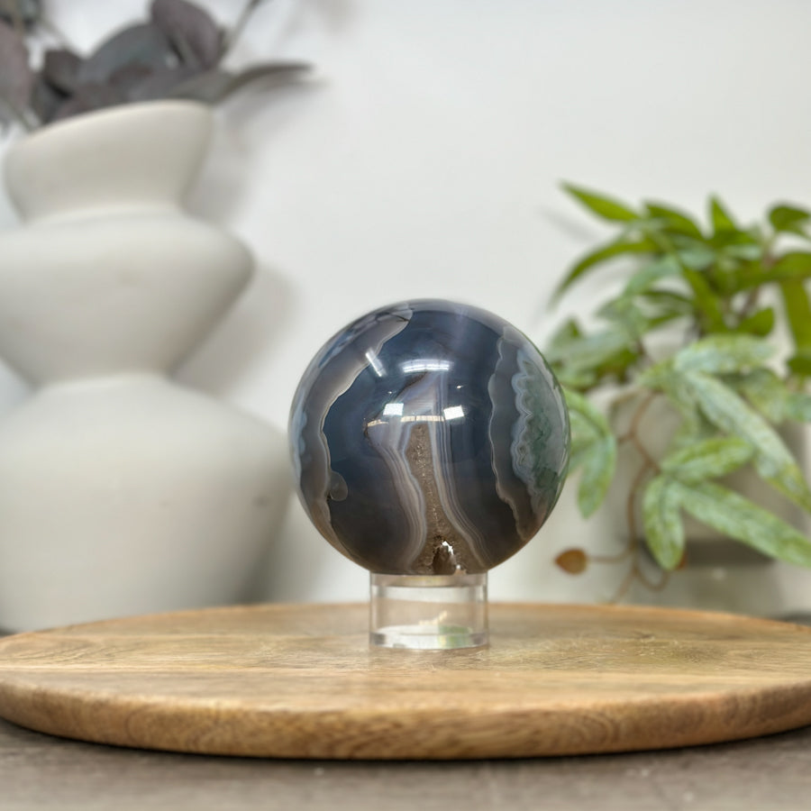 Banded Agate Sphere Geode with Quartz Druzy Crystal Interior - SPH0181