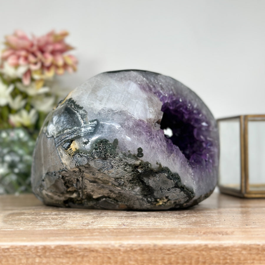 Amethyst &amp; Agate Stone Geode with Calcite Crystal Formation - STGE0007