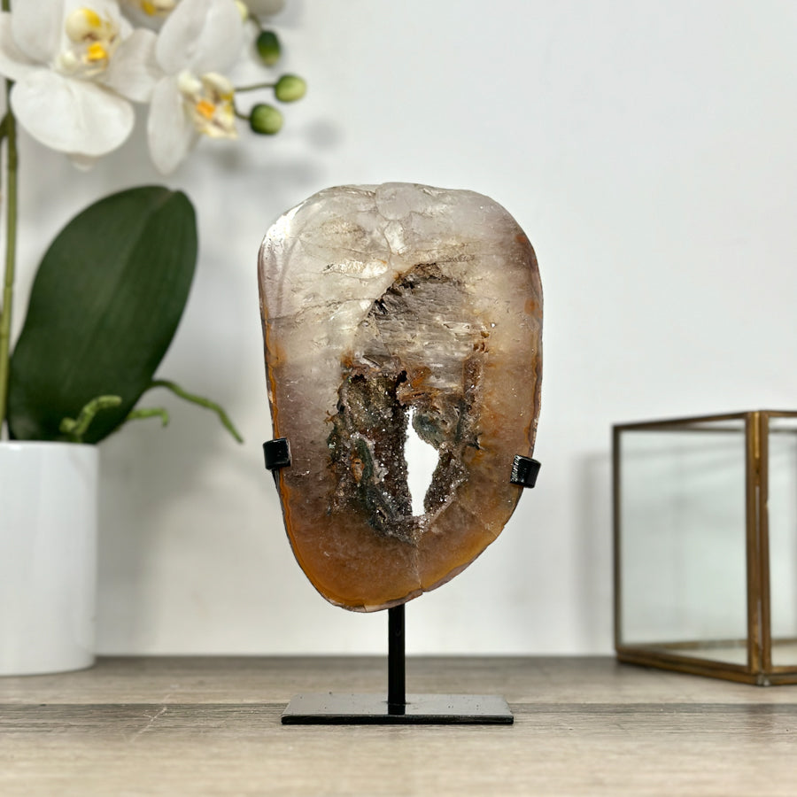 Rare Quartz Portal on Metal Stand with Green tone Druzy Crystals - MWS2902