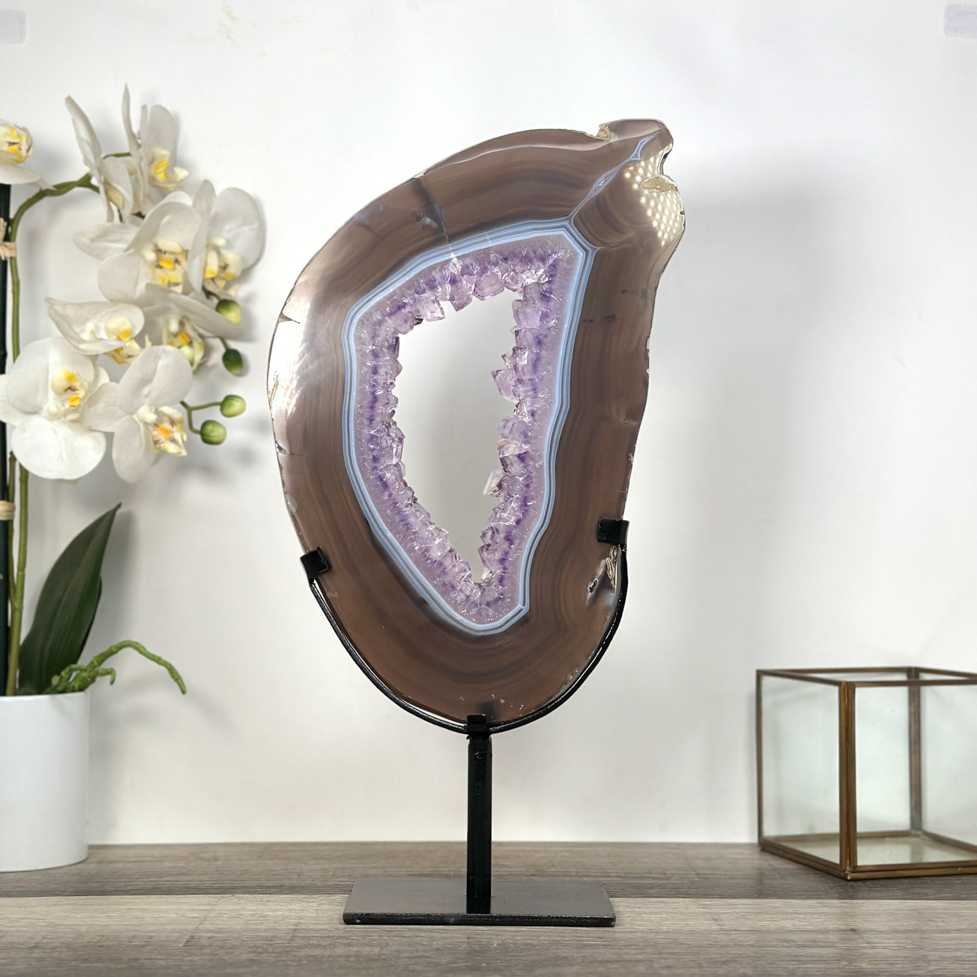 Large Amethyst &amp; Agate Slice on Stand - Crystal Display for Home Decor - MWS2672