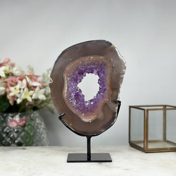 Amethyst & Agate Natural Slice Portal with Metallic Stand: Ideal for Elegant Home Display or Meditation Space Decor - MWS0828