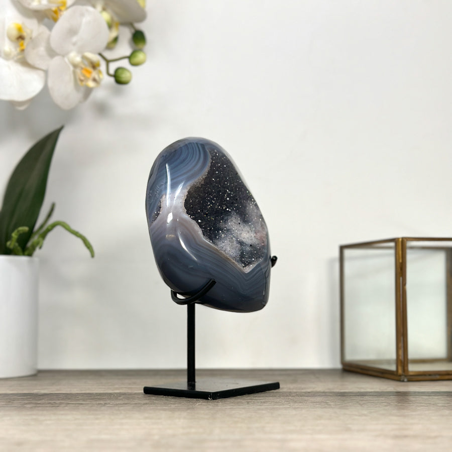 Agate Geode with Druzy Crystals on Stand – Natural Stone Display Piece - MWS2862