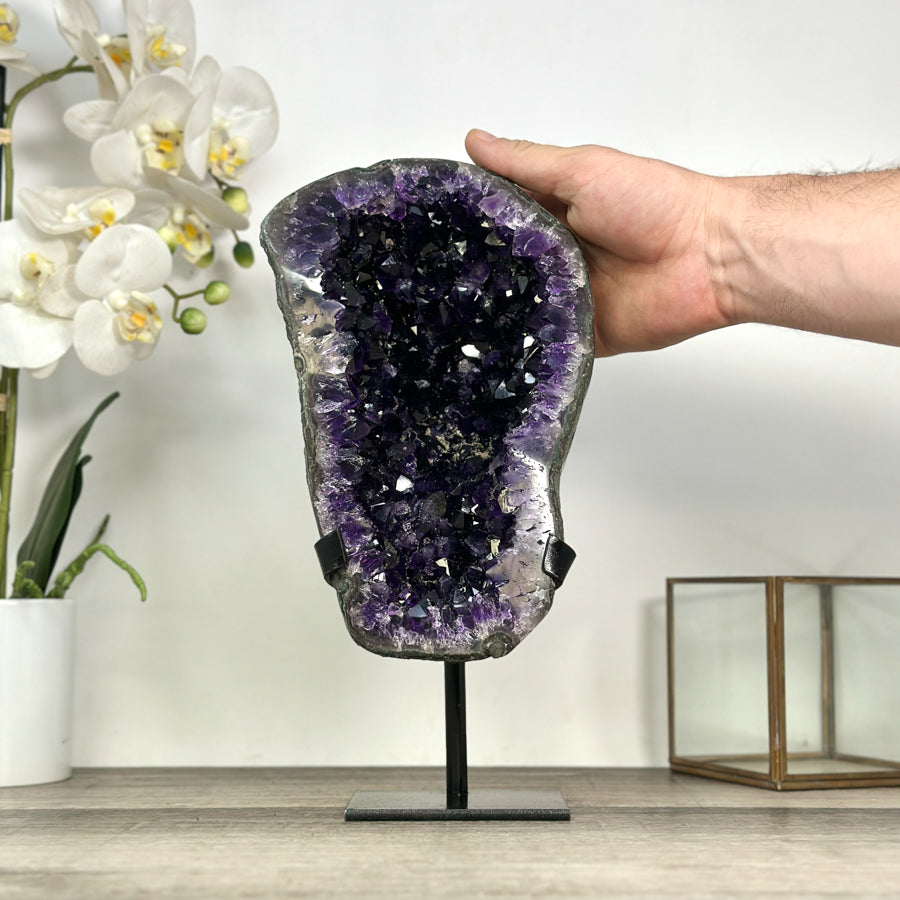 Natural Large Amethyst Geode with Shinny Crystals on Metal Stand - MWS2821