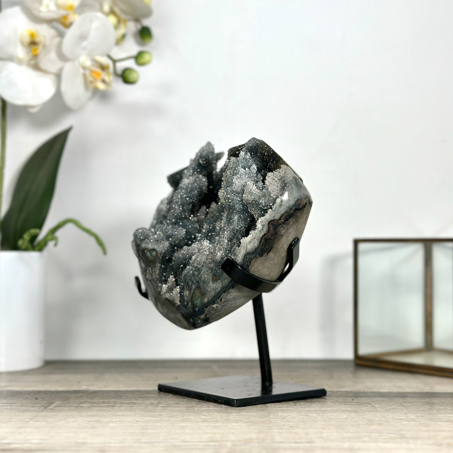 Rare Gray Quartz Druzy Cluster on Metal Stand - MWS2769