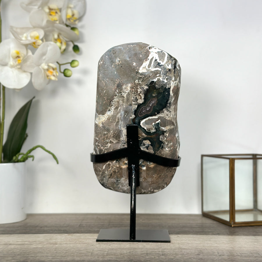 Uruguayan Amethyst Geode with Calcite on Metal Stand – Unique Crystal Display - MWS2705
