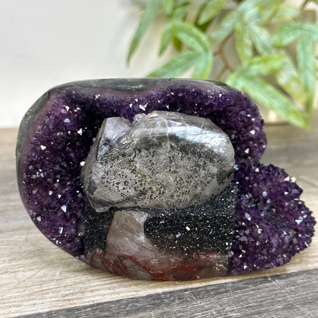 Natural Amethyst Geode with Calcite &amp; Black Hematite Inclusion - STGE0058