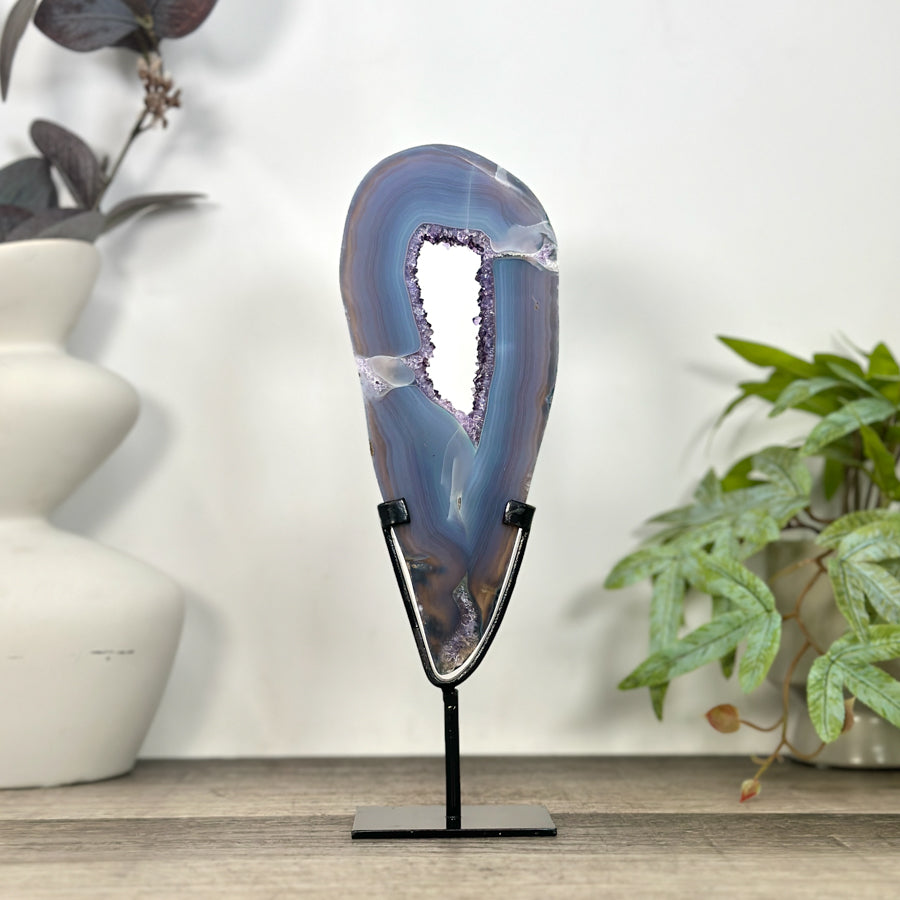 Natural Blue Banded Agate &amp; Amethyst Geode Portal with Stand - MWS3242
