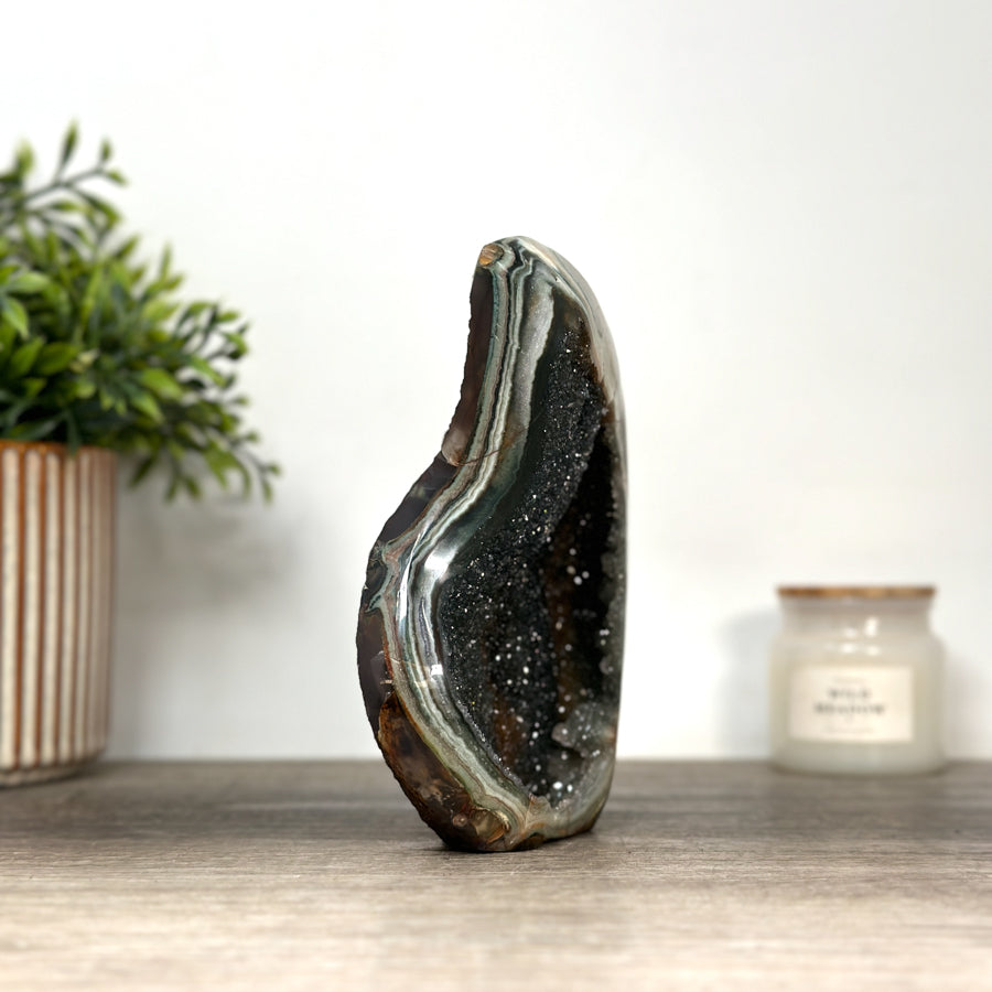 Natural Agate &amp; Green Quartz Druzy Stone Flame Carving - FST0168