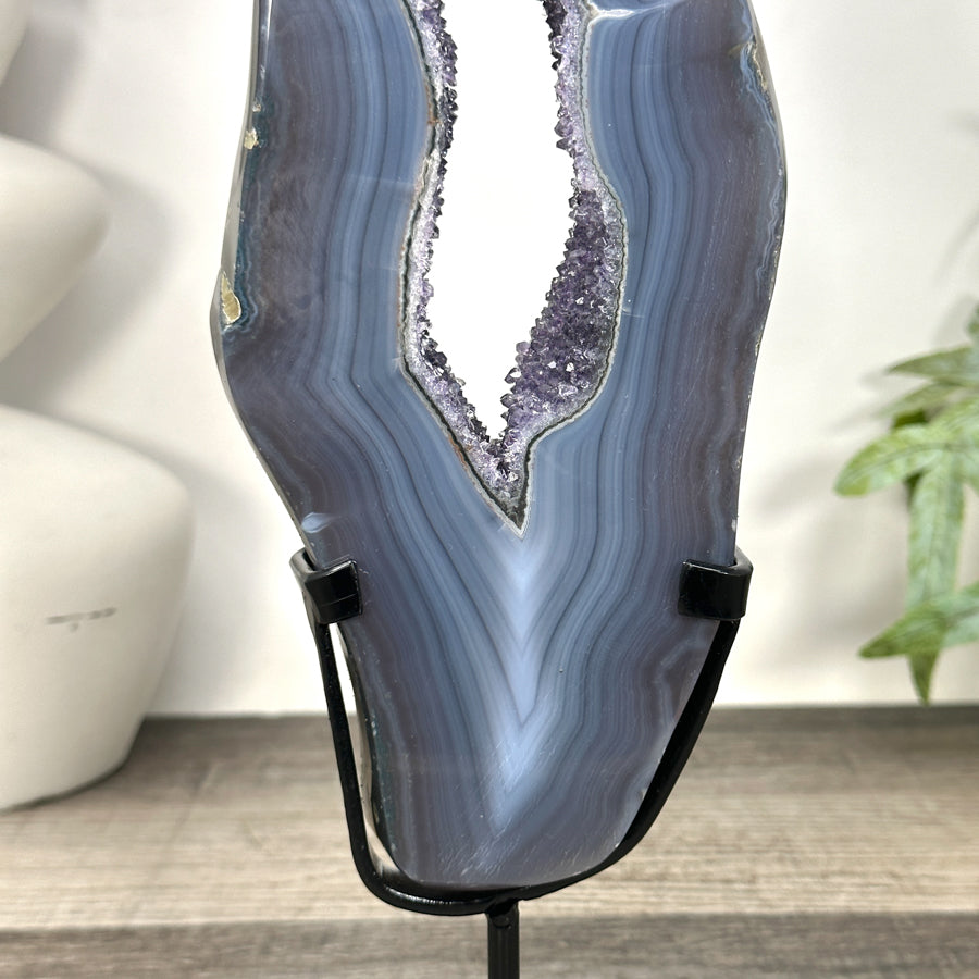 Blue Banded Agate &amp; Amethyst Geode Slice Portal - MWS3247