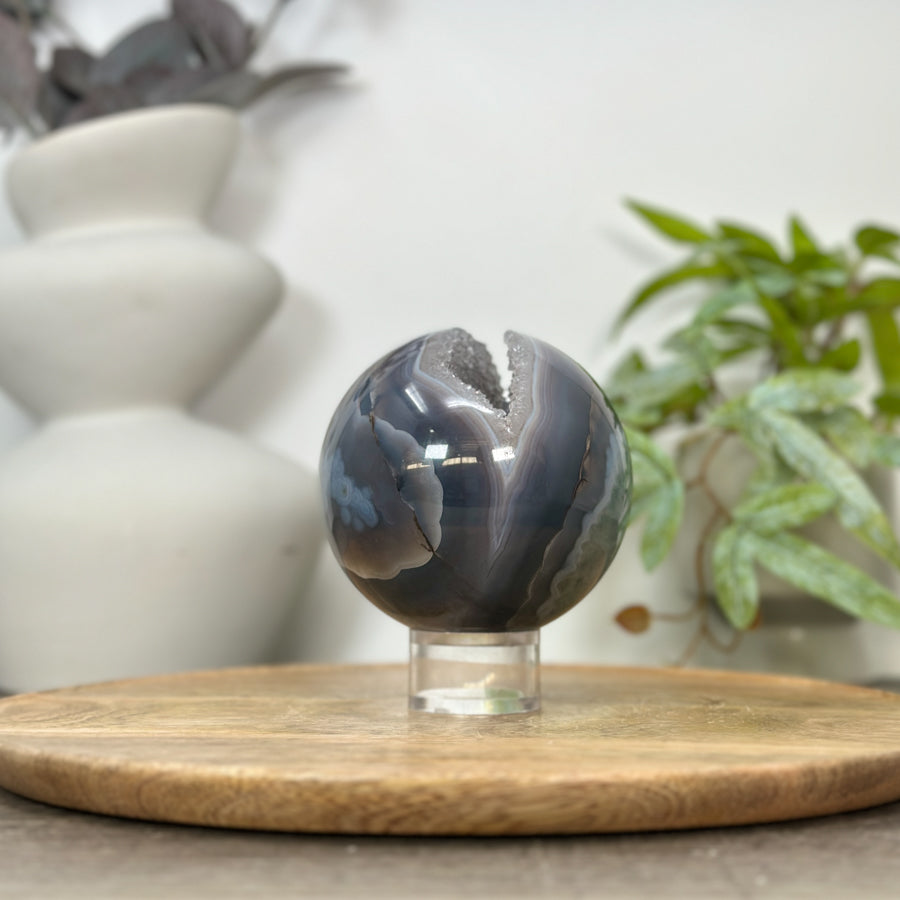 Banded Agate Sphere Geode with Quartz Druzy Crystal Interior - SPH0181