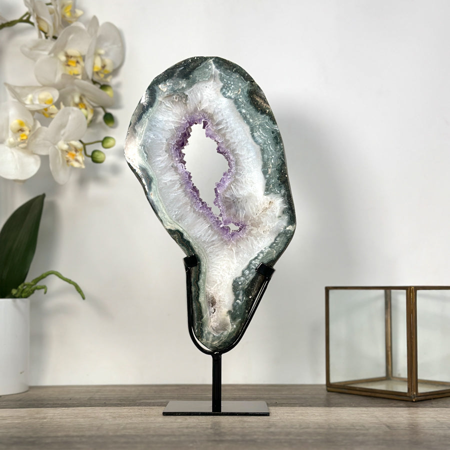 Amethyst &amp; Green Jasper Geode Slice With Metal Stand - MWS2743