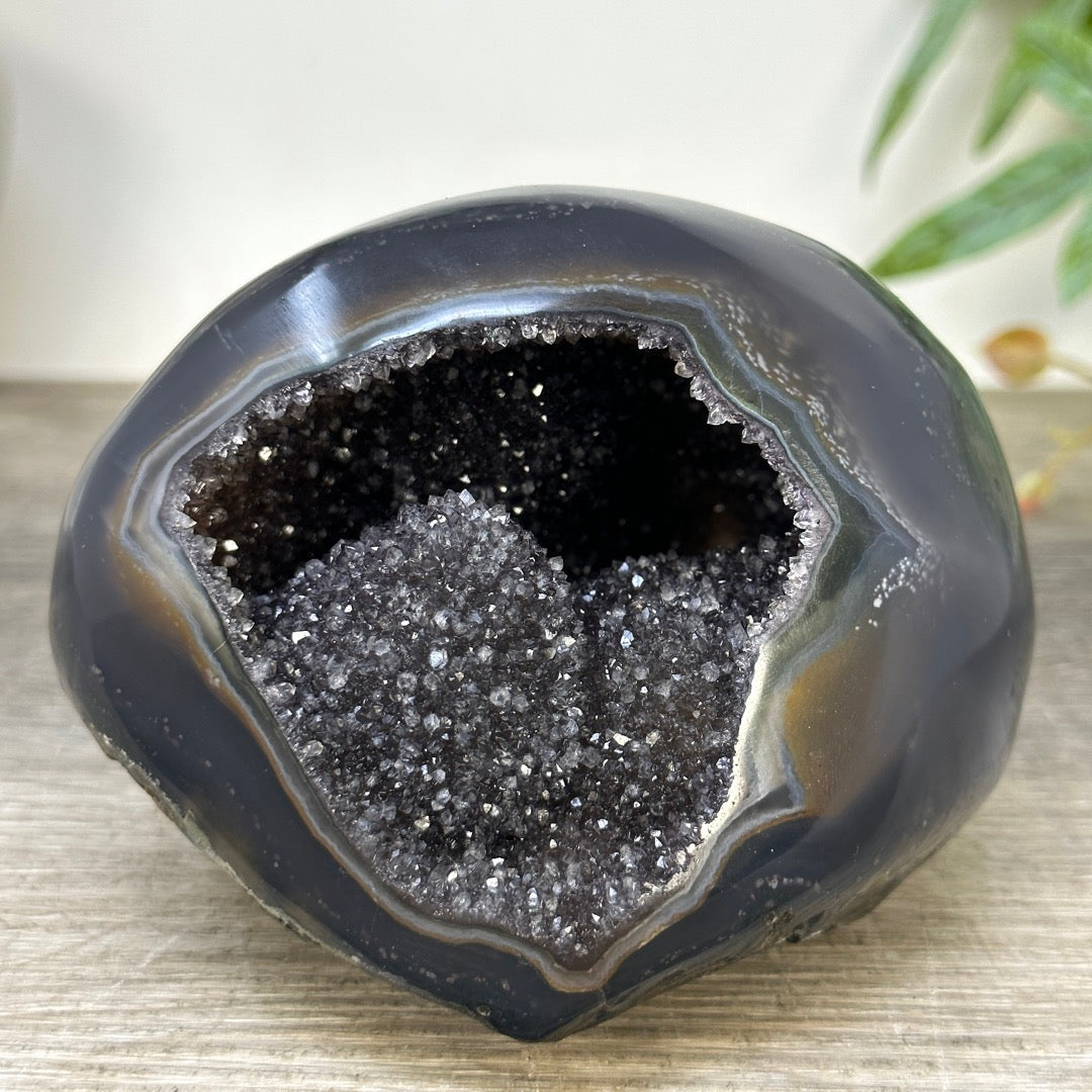 Polished Agate Stone Geode with Black Quartz Druzy - STGE0059