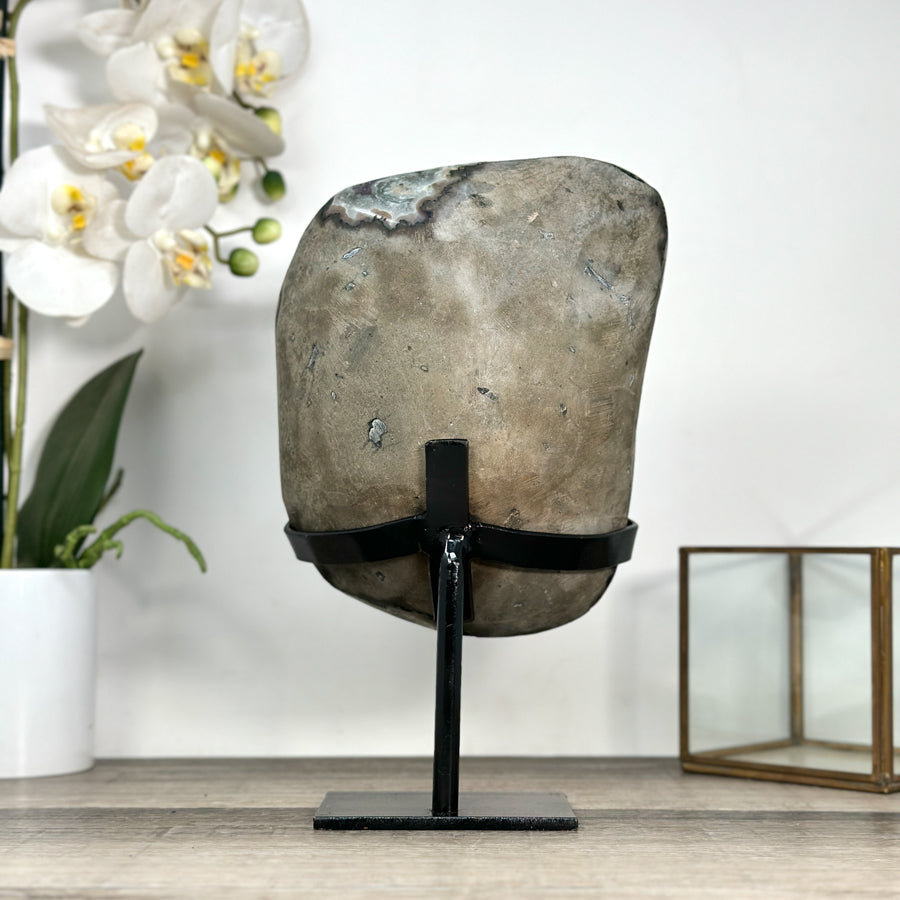 Uruguayan Amethyst Geode with Green Jasper Shell on Metal Stand - MWS2785