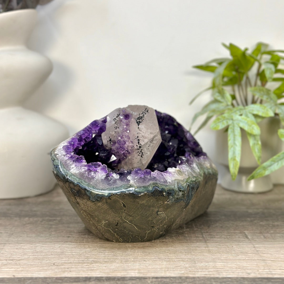 Deep Purple Amethyst Geode with Calcite Crystal - STGE0096