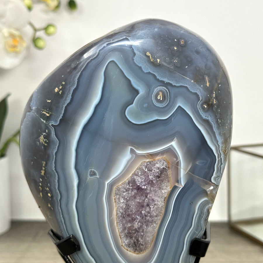 Blue Banded Agate &amp; Amethyst Stone Slice - MWS3015
