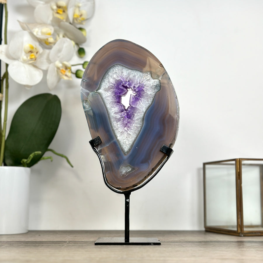 Agate &amp; Amethyst Geode Slice on Metal Stand - MWS2921
