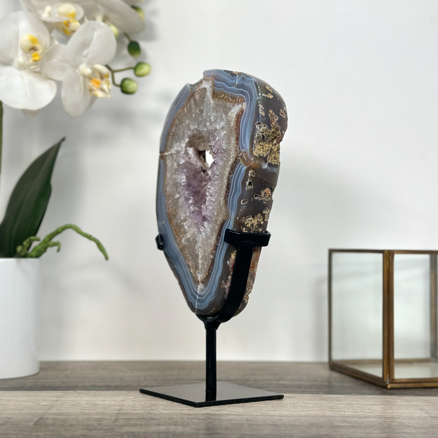 Blue Banded Agate and Amethyst Geode Slice - MWS2654