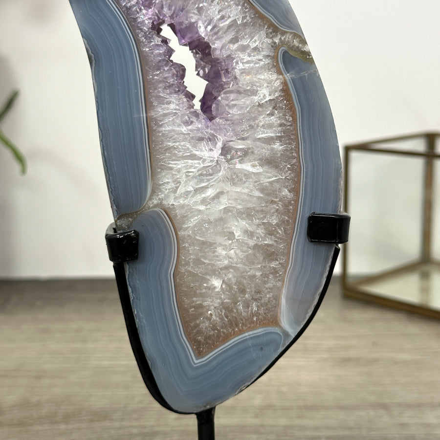 Blue Banded Agate Stone Slice on Metal Stand - MWS3002