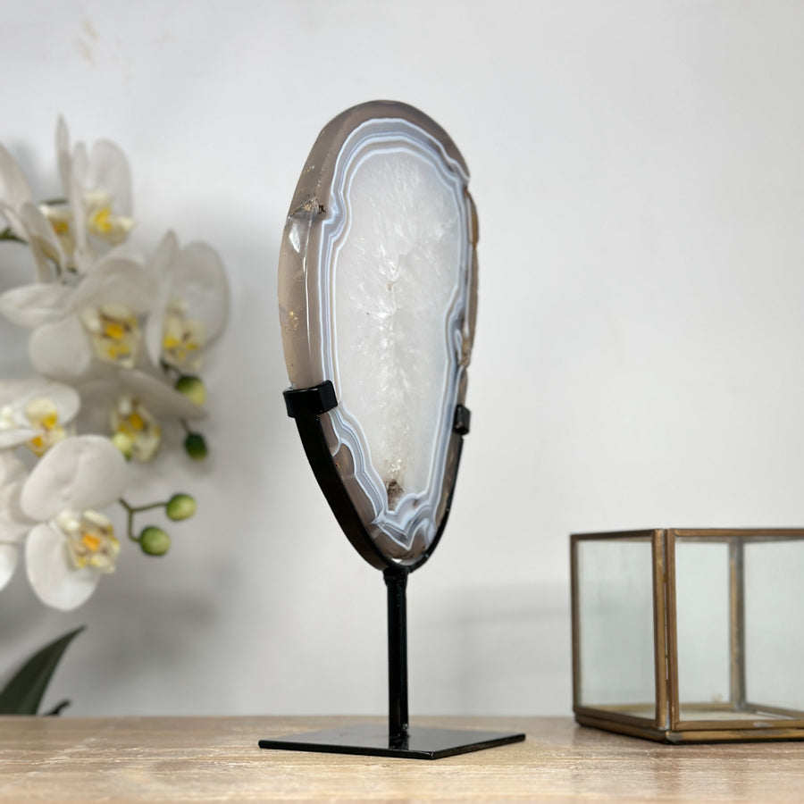 Blue Agate &amp; Quartz Slice with Base – Polished Uruguayan Gemstone for Desk or Studio - MWS2012