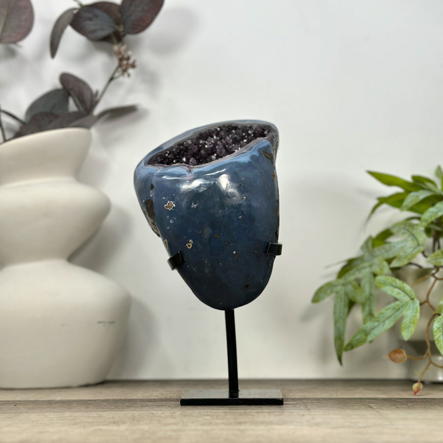 Polished Blue Agate &amp; Amethyst Geode on Stand - MWS3186