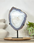 Polished Blue Banded Agate & Quartz Stone Slice on Metal Stand - MWS3037
