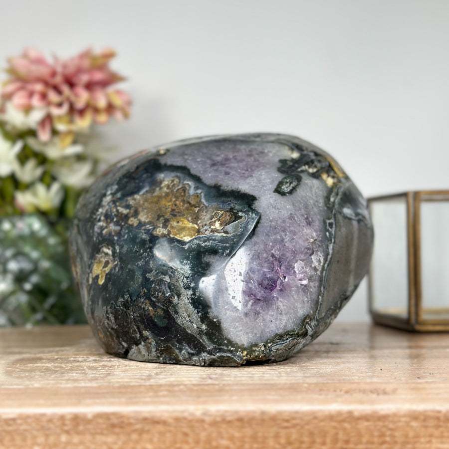 Amethyst &amp; Agate Stone Geode with Calcite Crystal Formation - STGE0007