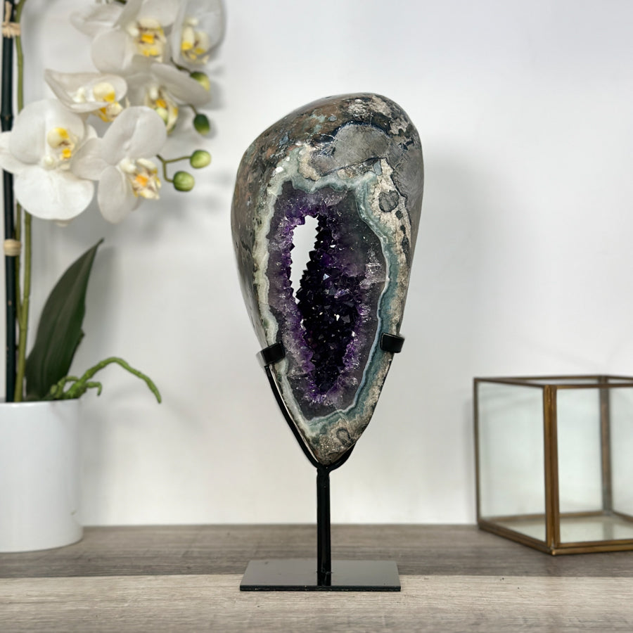 Deep Purple Amethyst Geode on Metal Stand – Stunning Crystal Formation for Shelf Display - MWS2701