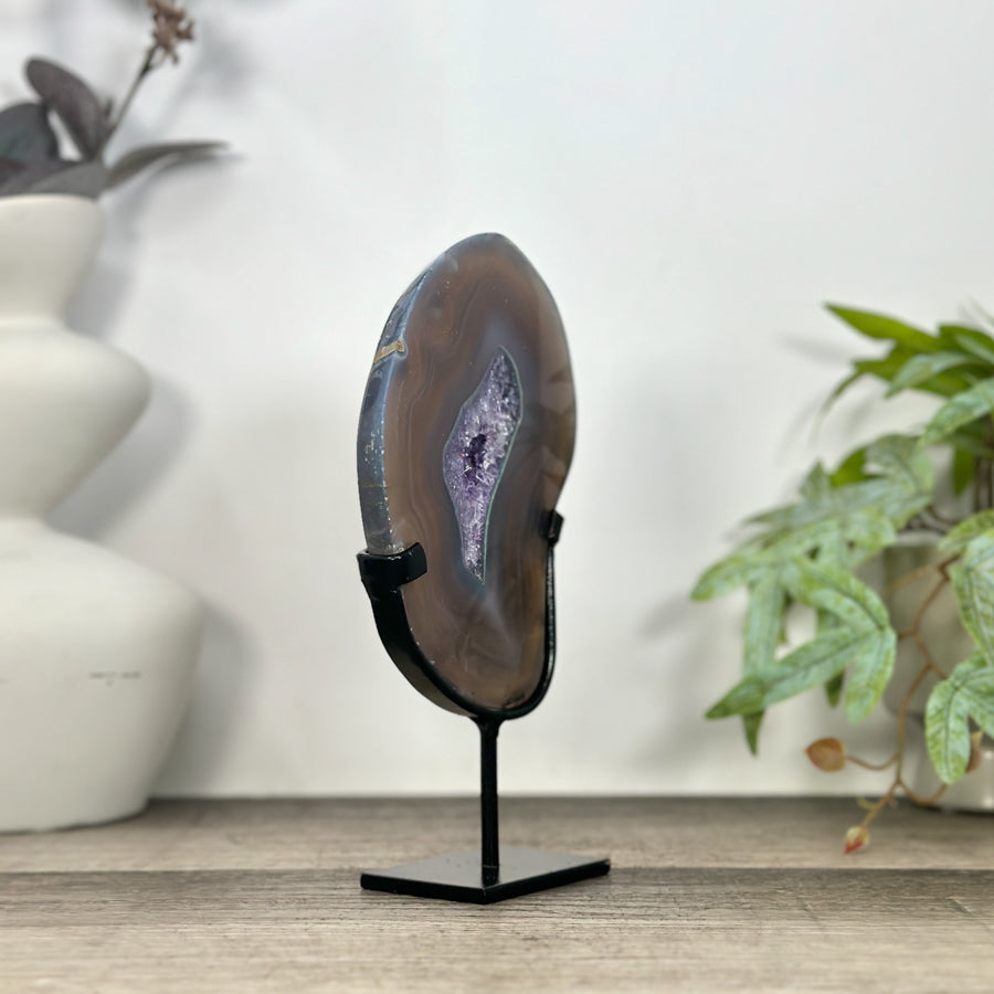 Natural Agate &amp; Amethyst Geode Slab on Metal Stand - MWS3240